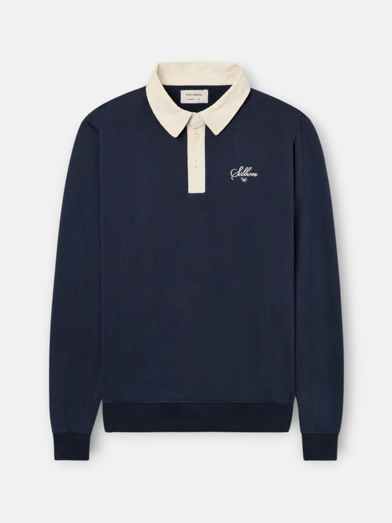 Sweat-shirt col polo en velours côtelé contraste bleu marine