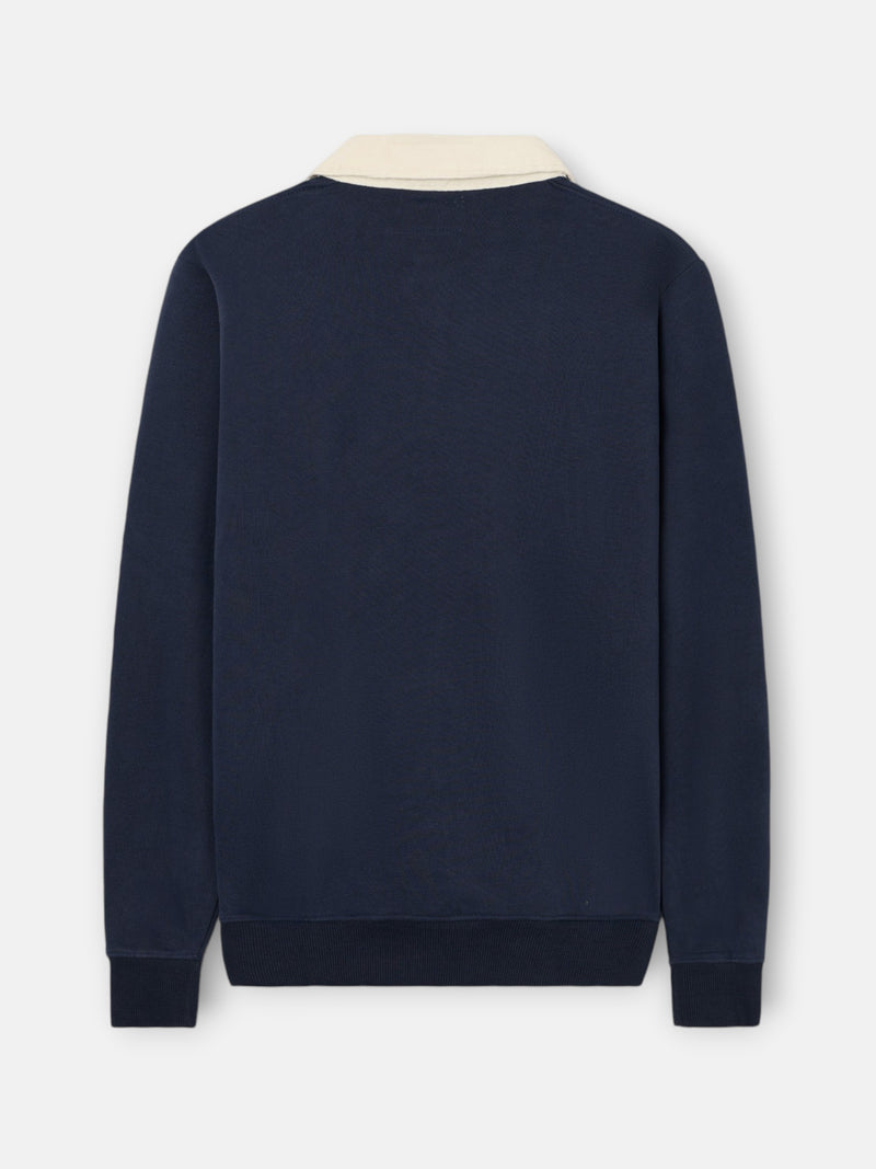 Sweat-shirt col polo en velours côtelé contraste bleu marine