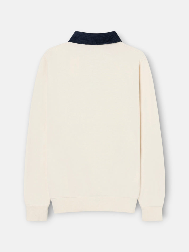 Sweat-shirt col polo en velours côtelé contrasté crème