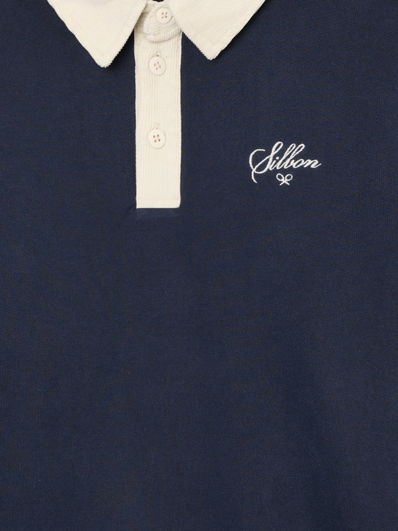 Sudadera cuello polo pana contraste crema