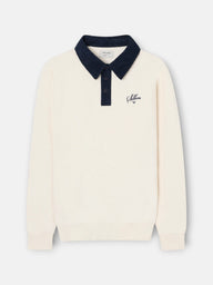 Sweat-shirt col polo en velours côtelé contrasté crème