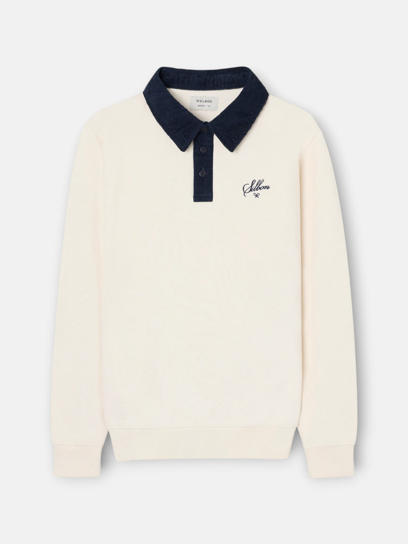 Sweat-shirt col polo en velours côtelé contrasté crème
