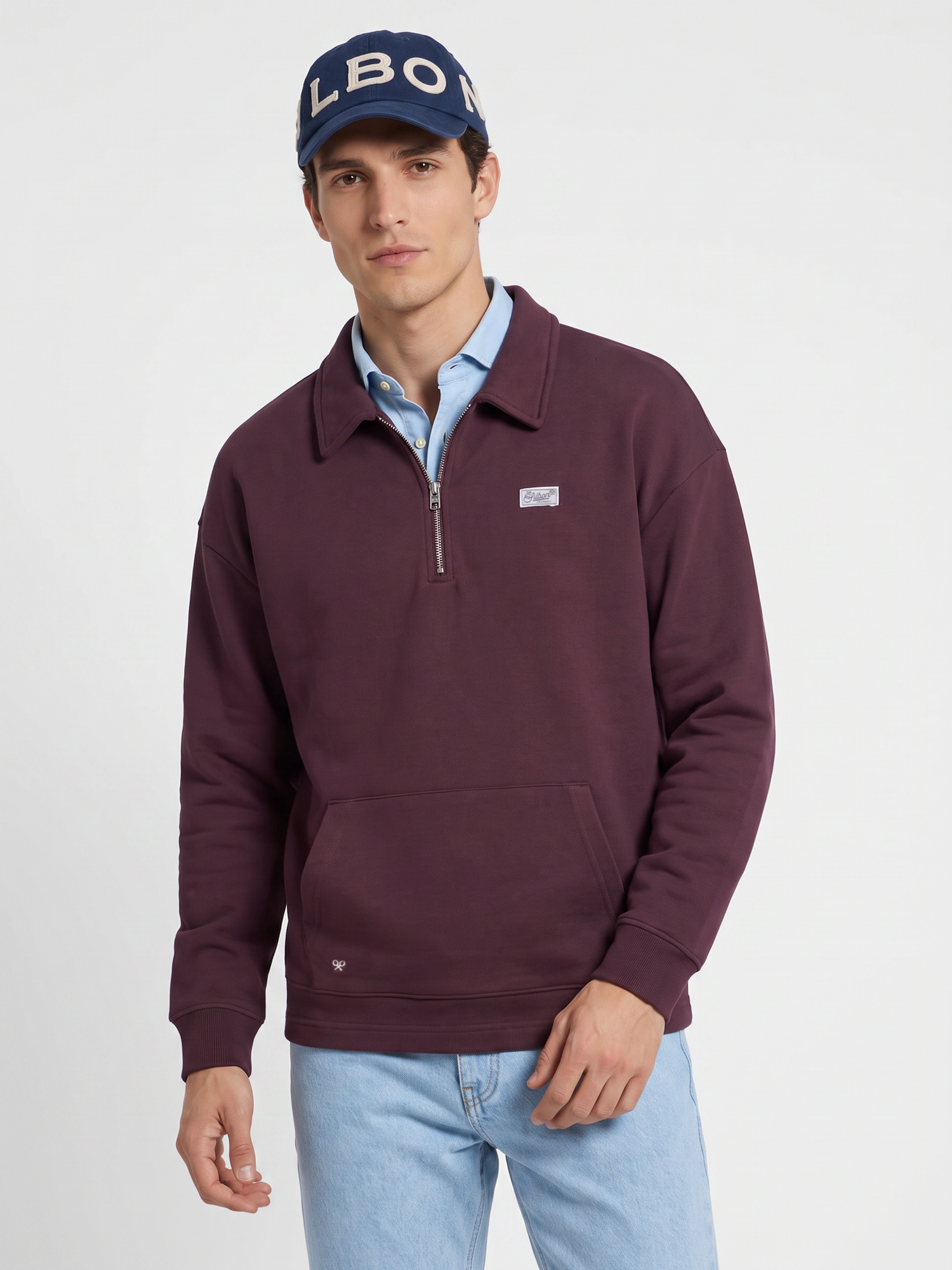 Sweat-shirt coupe décontractée demi-fermeture éclair étiquette bordeaux