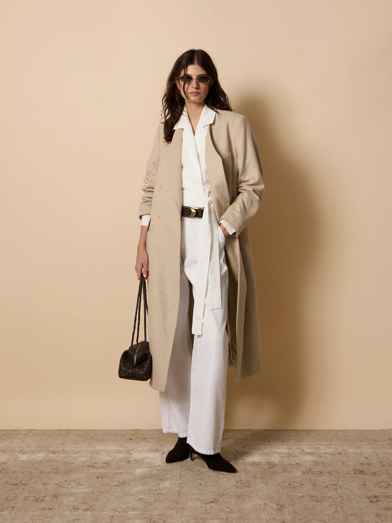 Long unique double-breasted beige coat