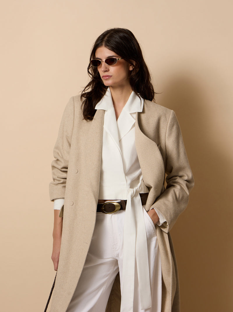 Long unique double-breasted beige coat
