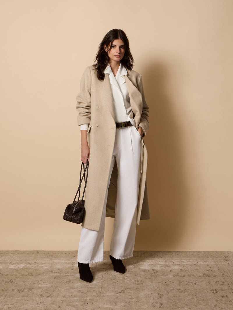Long unique double-breasted beige coat