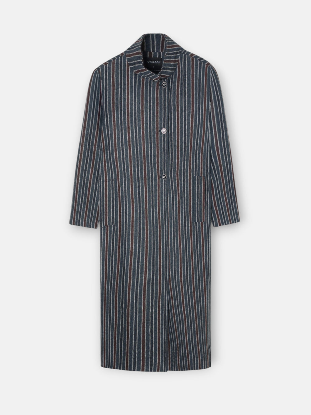 Long coat with funnel neck, blue stripes