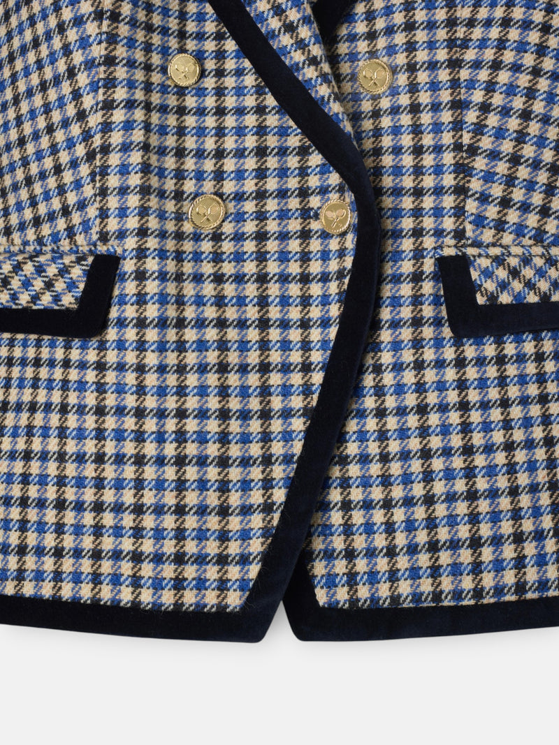 Double-breasted blue checkered blazer with velvet trim