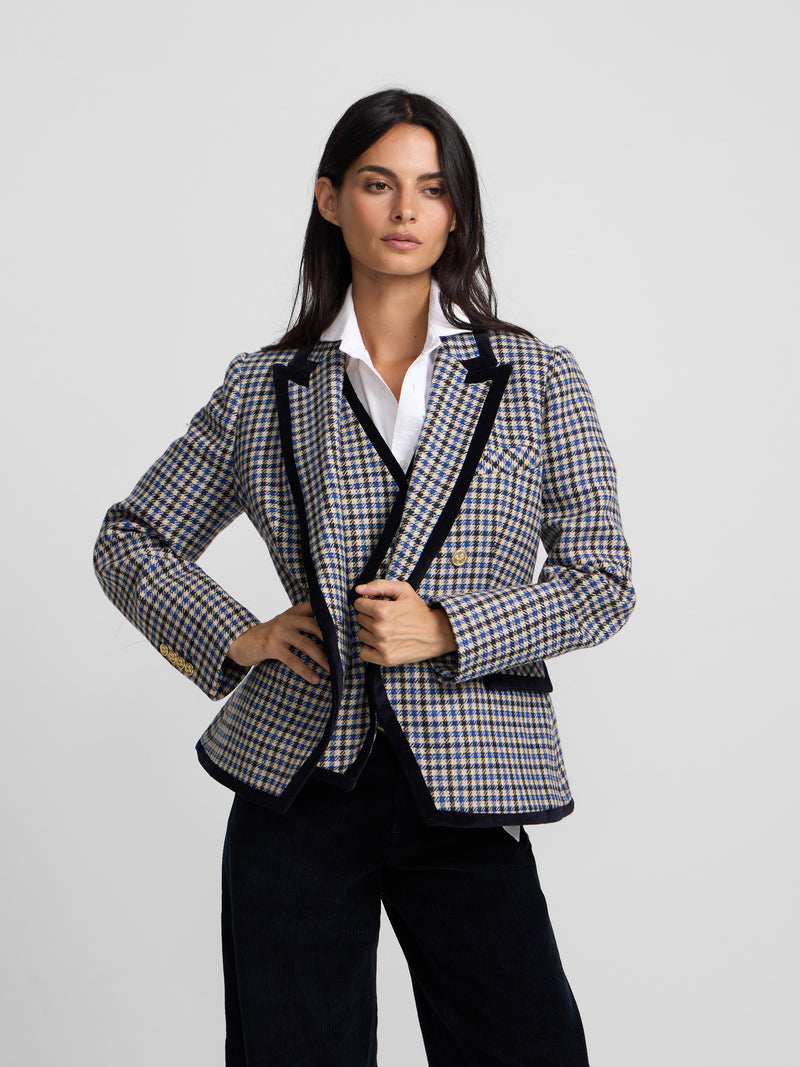 Double-breasted blue checkered blazer with velvet trim