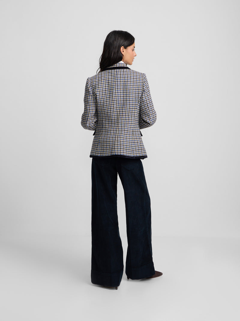 Double-breasted blue checkered blazer with velvet trim