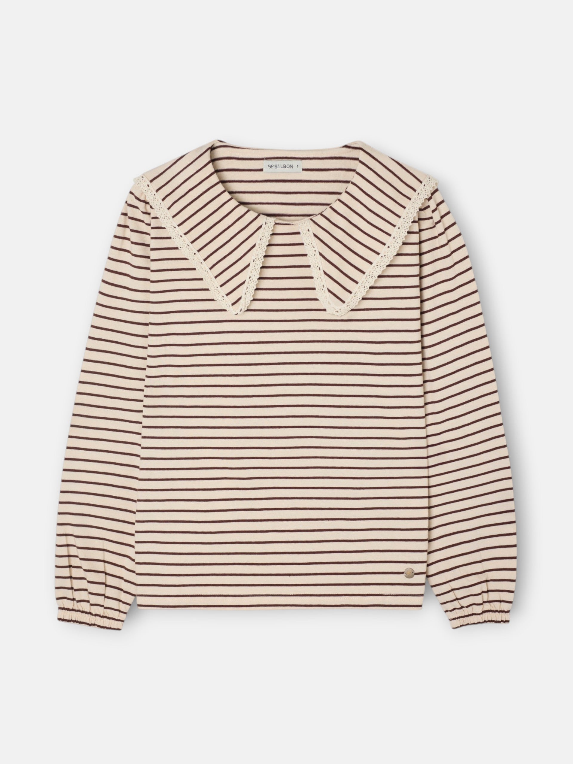 Long-sleeved T-shirt with camel striped Peter Pan collar