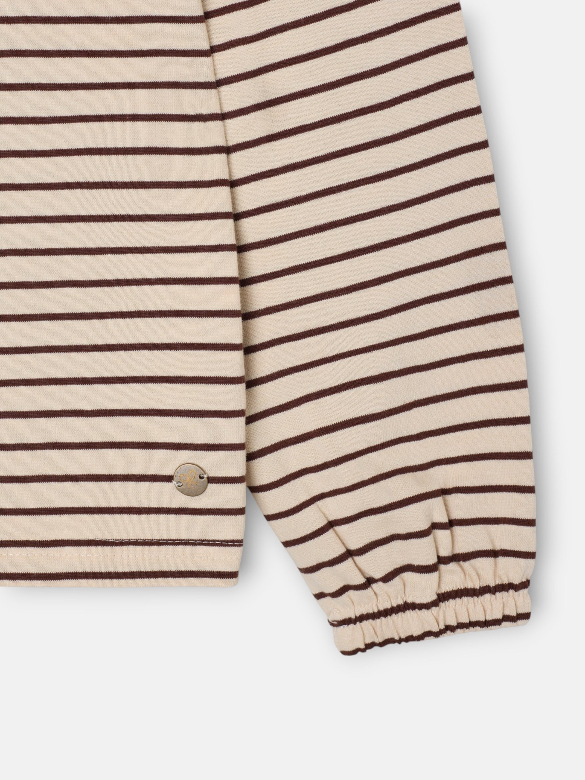 Long-sleeved T-shirt with camel striped Peter Pan collar