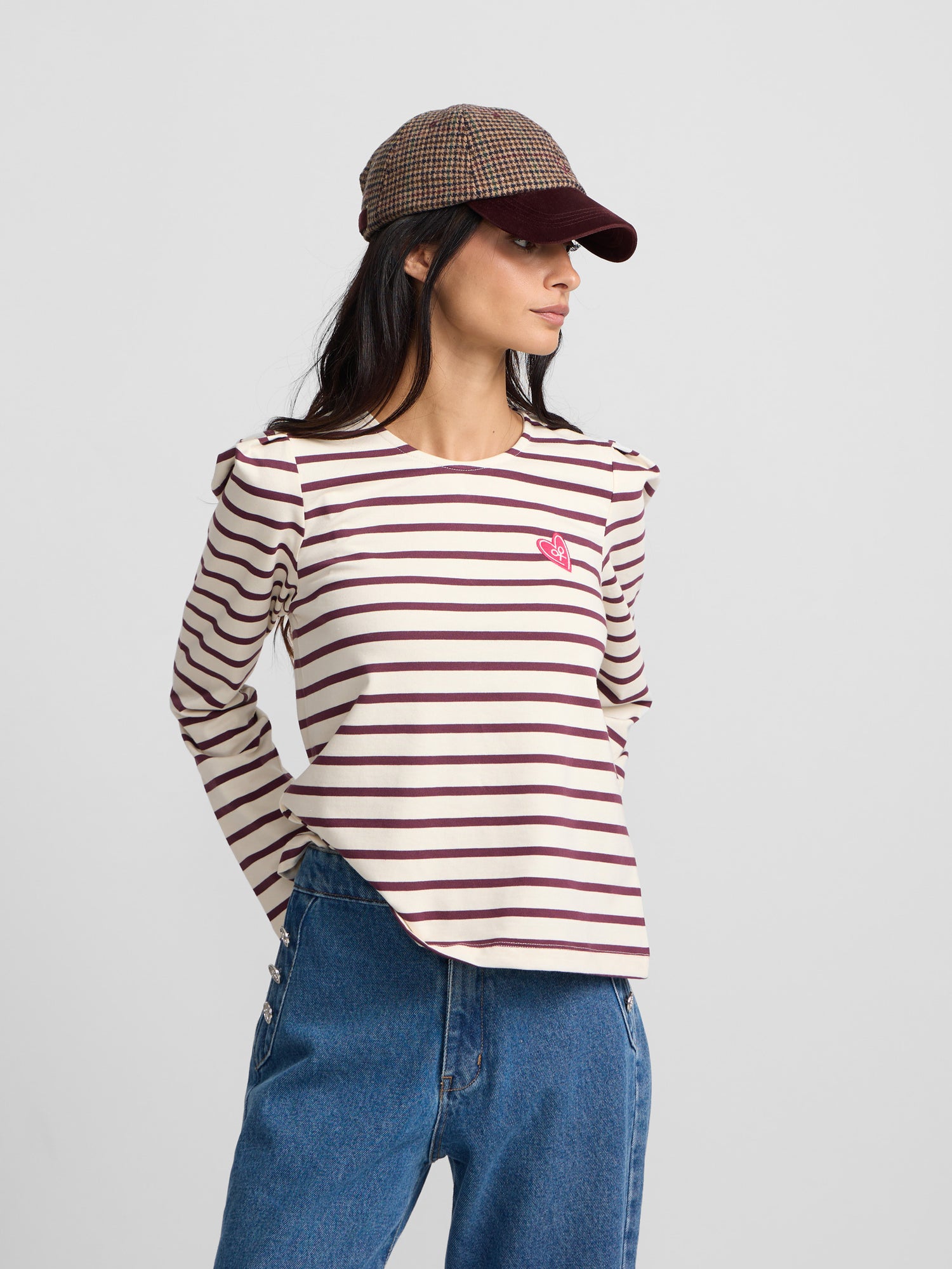 Camiseta woman manga larga abullonada rayas granate