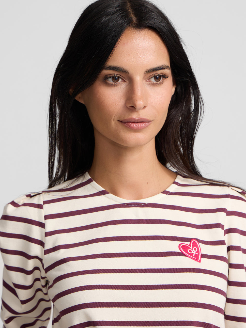 Camiseta woman manga larga abullonada rayas granate