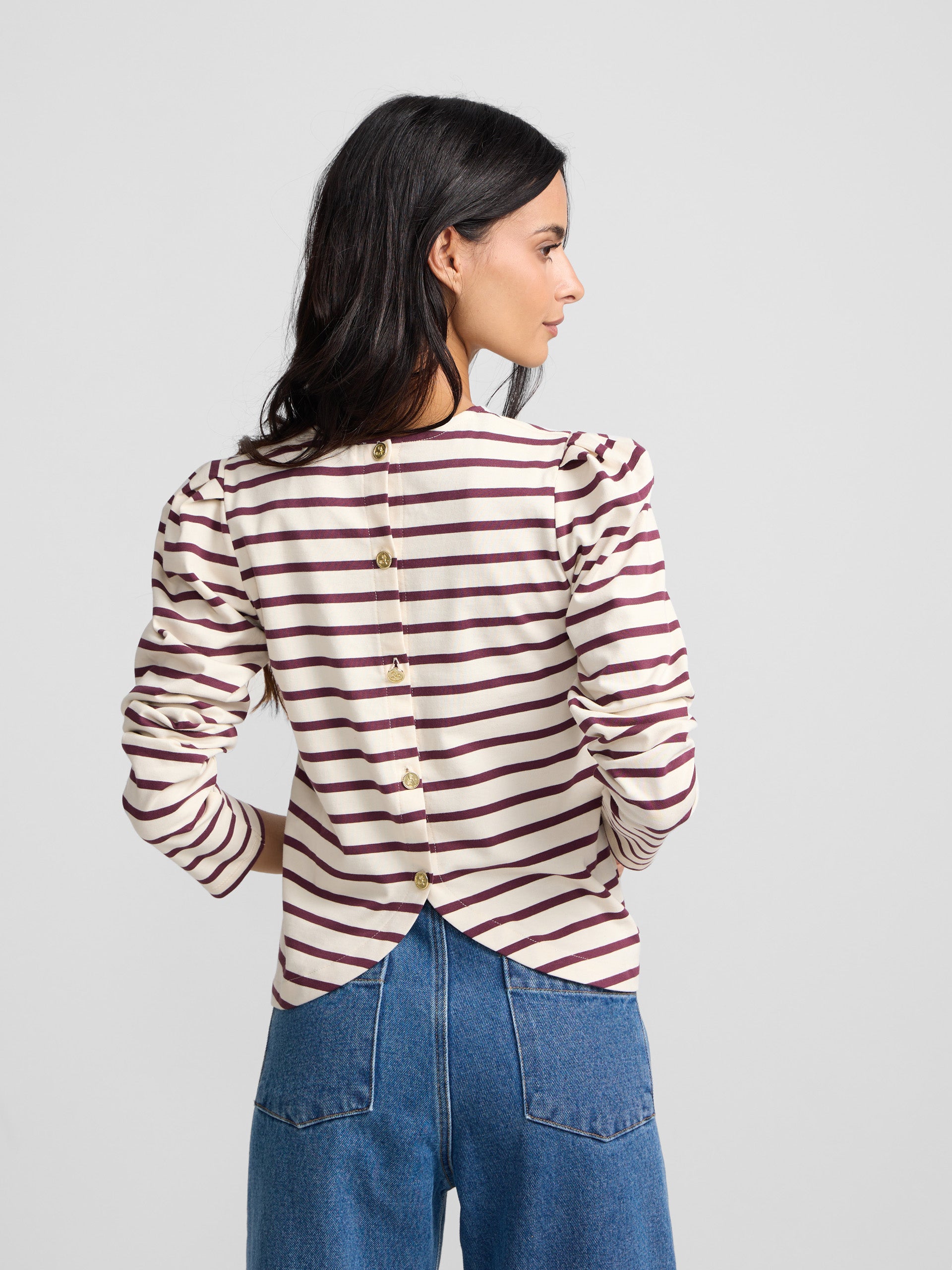 Camiseta woman manga larga abullonada rayas granate