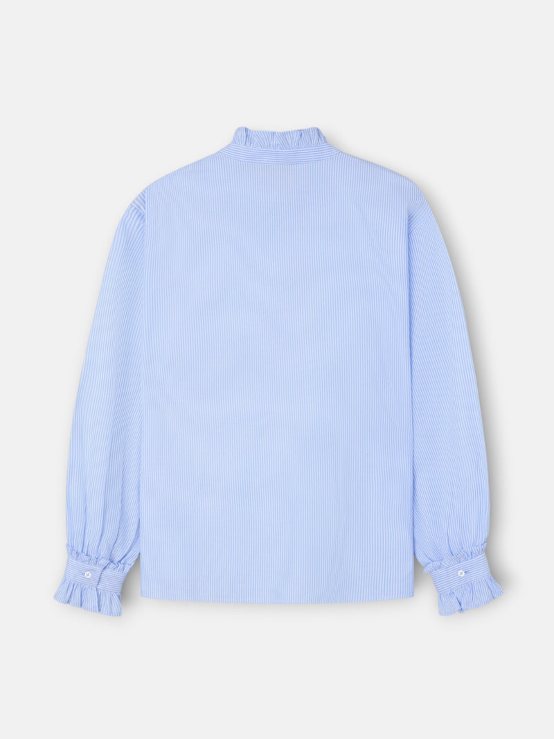 Shirt with ruffled collar and cuff detail, light blue stripes