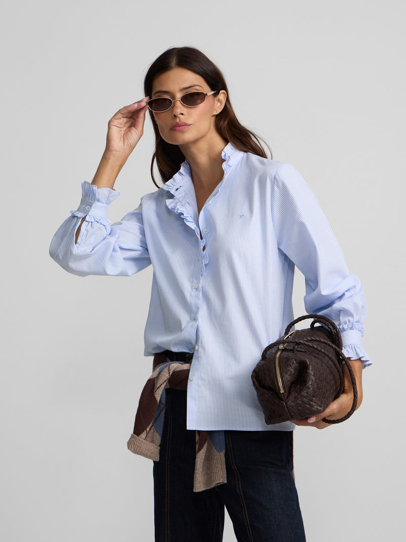 Shirt with ruffled collar and cuff detail, light blue stripes