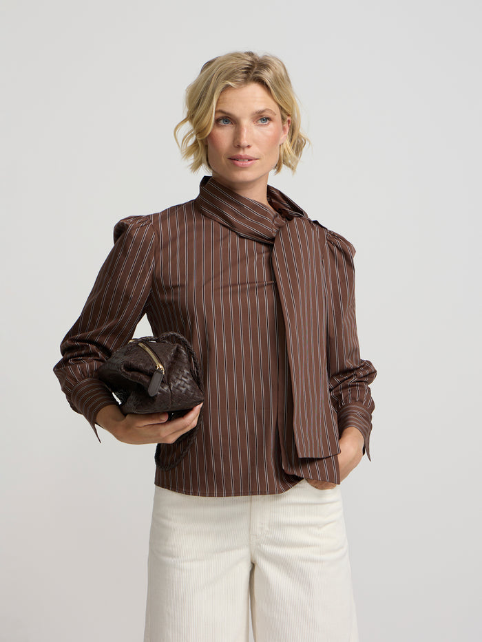 High-neck striped shirt with brown tie
