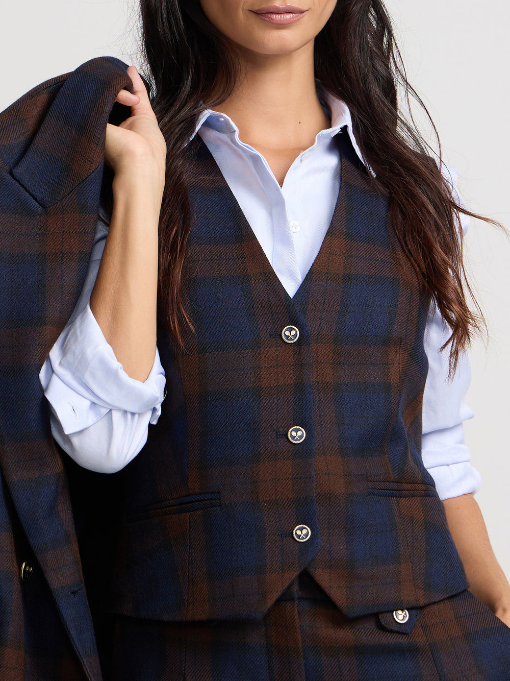Fitted blue and brown checked vest