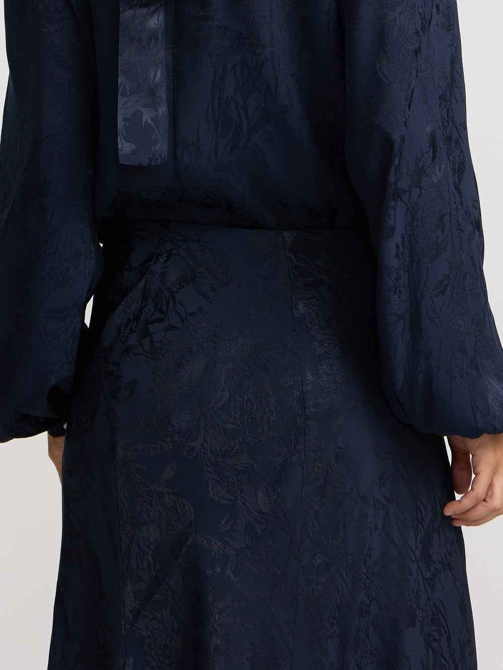 Navy blue jacquard flared midi skirt