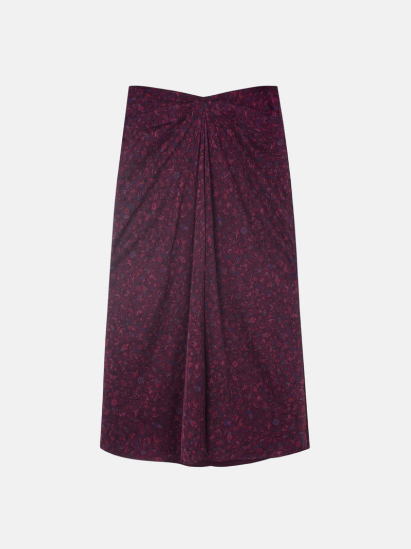 Falda midi drapeado central flores granate