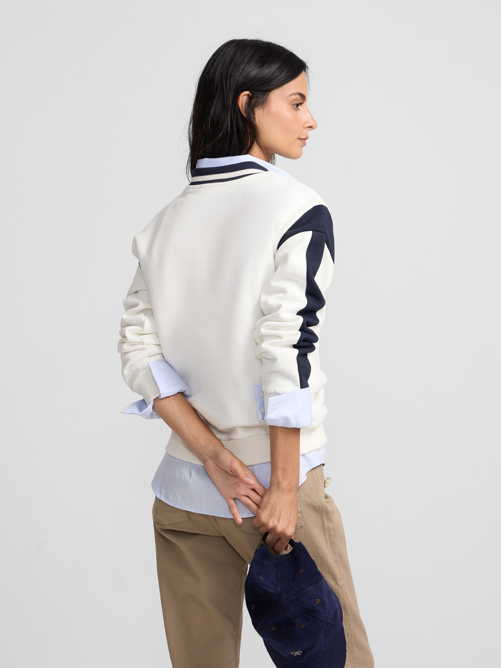 Women's varsity V-neck sweatshirt in off-white