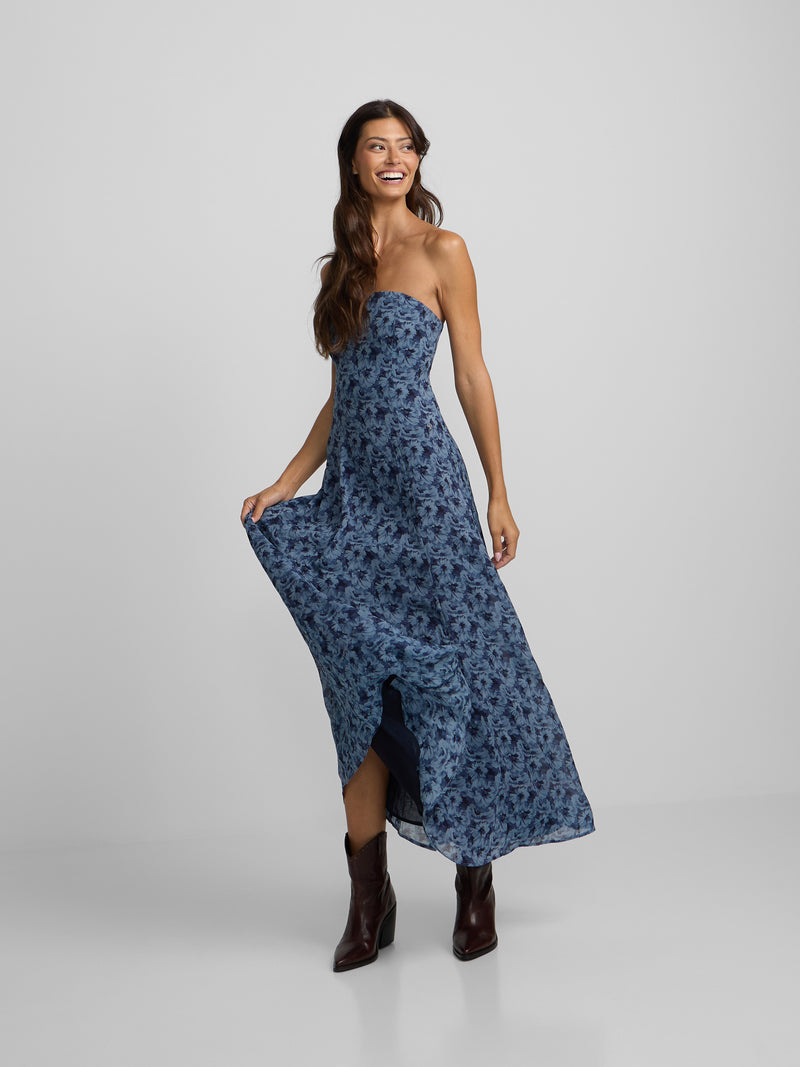 Vestido comprido cai-cai flores azul
