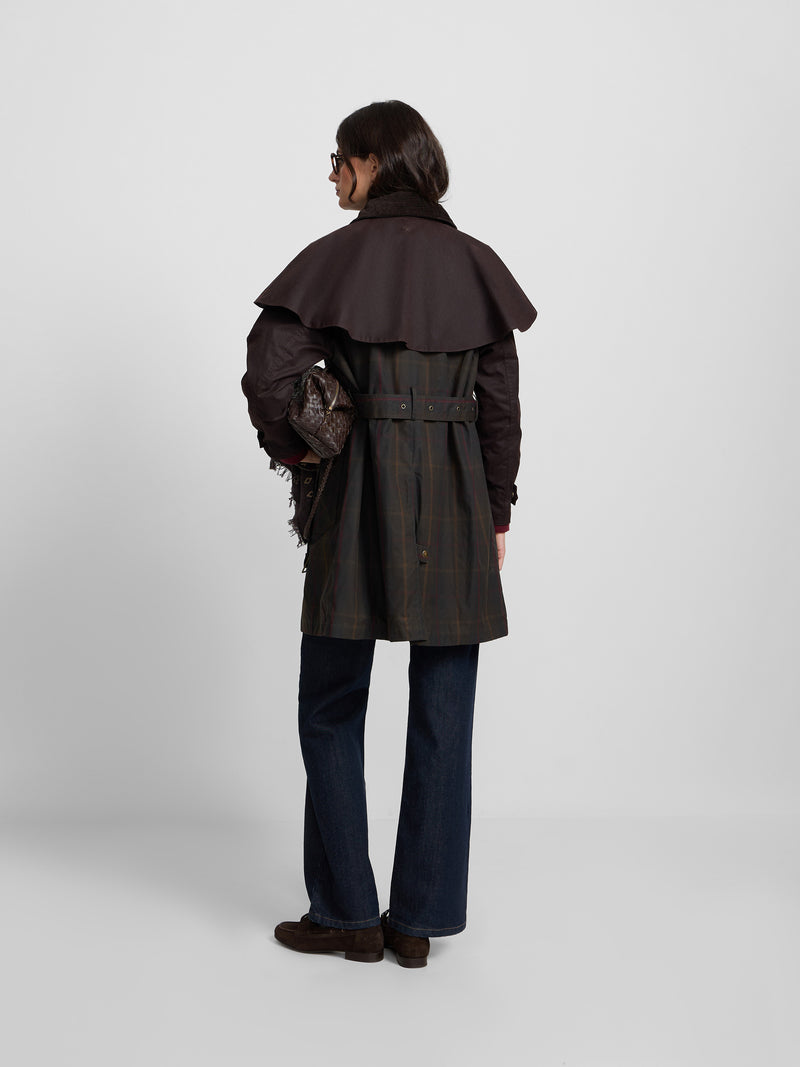 Parka encerada cuello pana cuadros granate