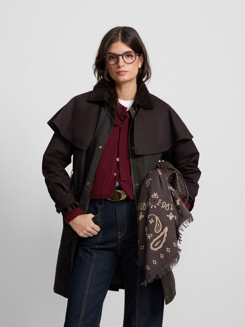 Parka encerada cuello pana cuadros granate