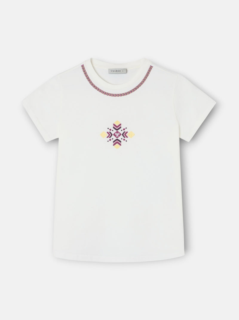 Women's T-shirt with ethnic embroidery in raw color