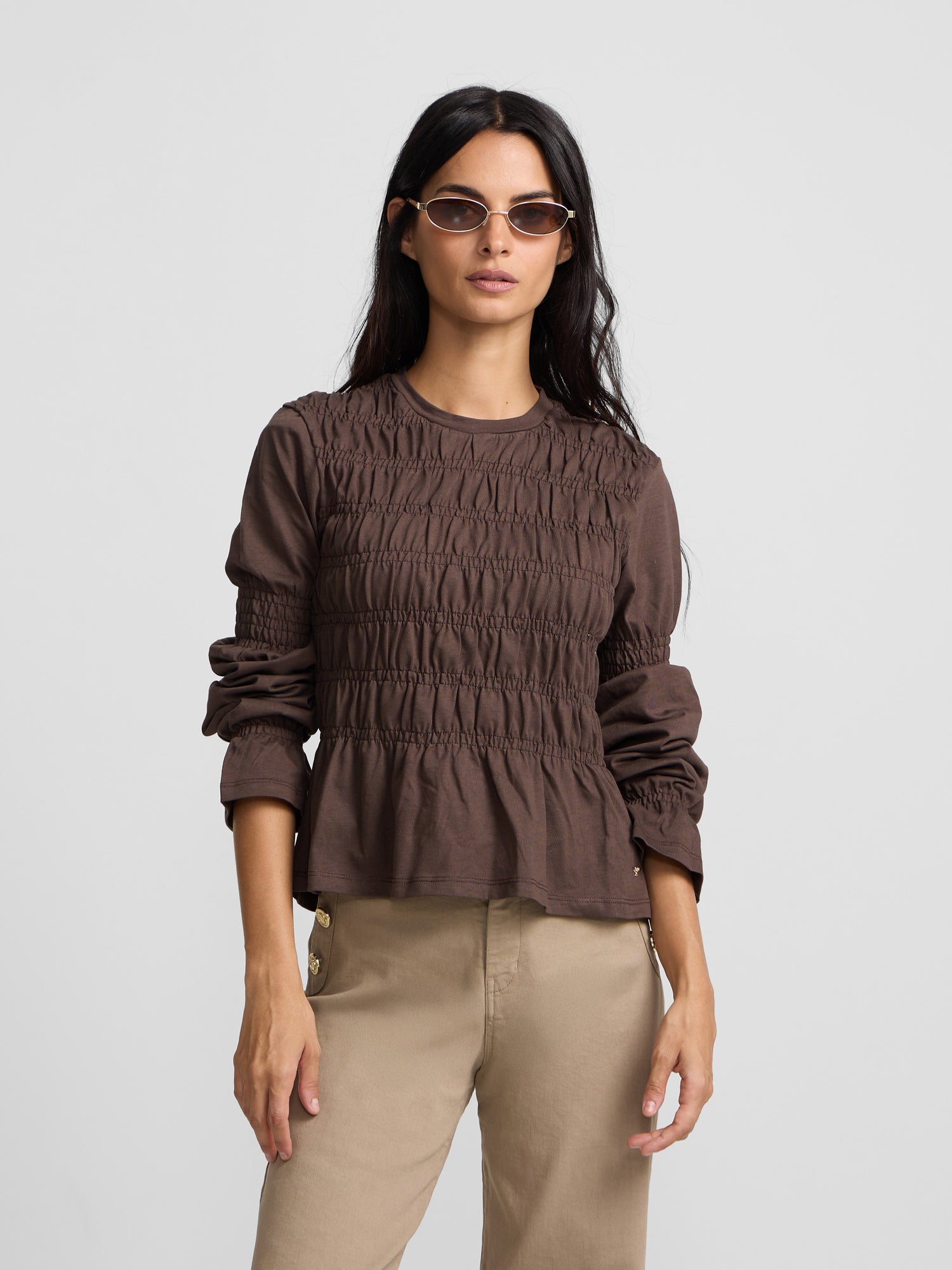 Camiseta woman manga larga punto smock marron