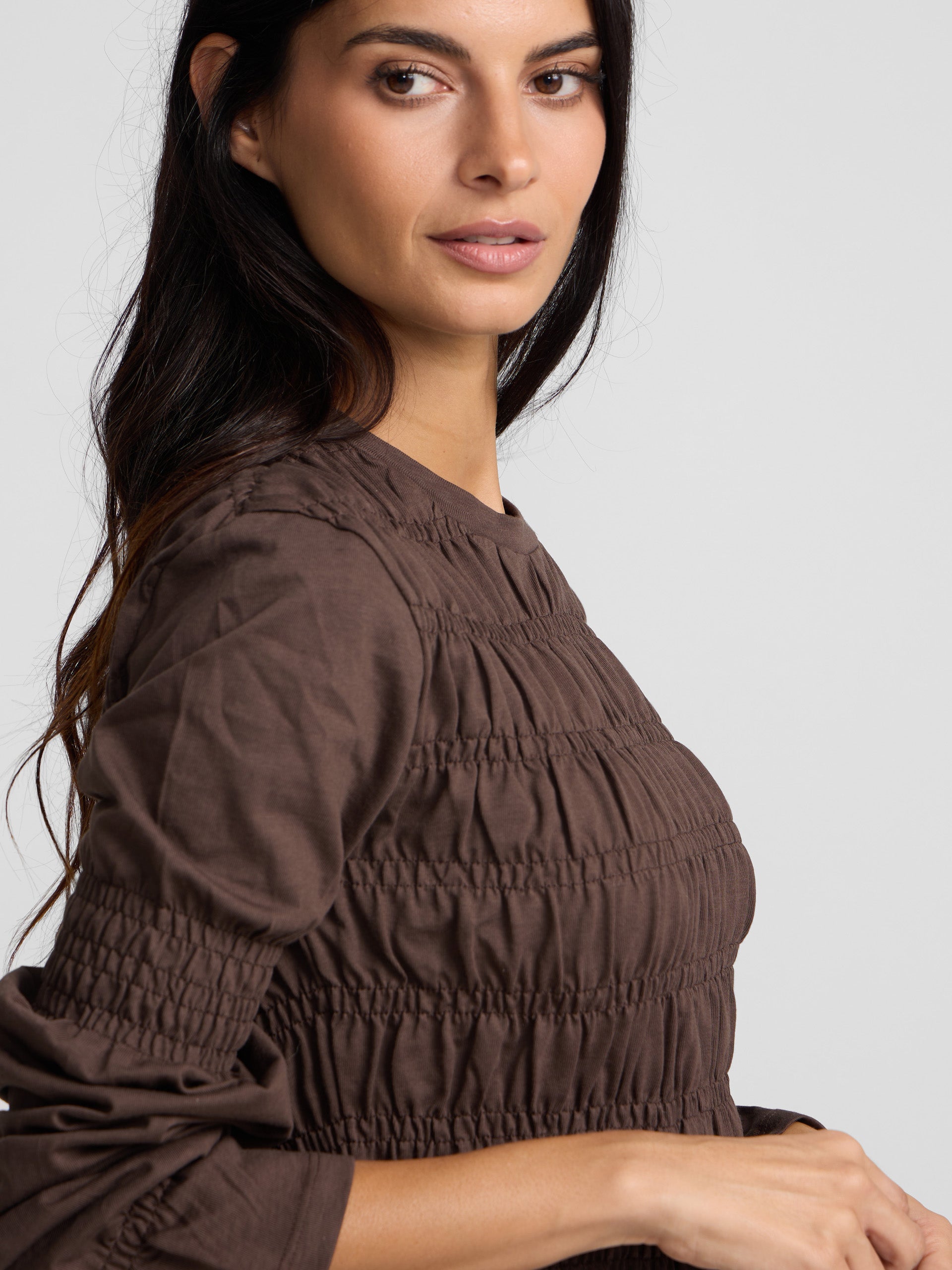 Camiseta woman manga larga punto smock marron