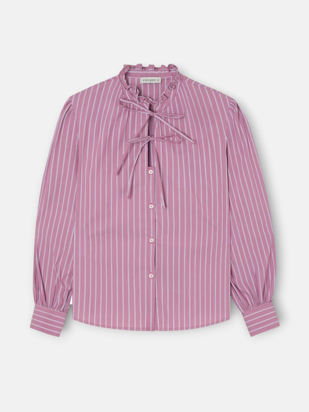 Camisa cuello alto lazos rayas rosa