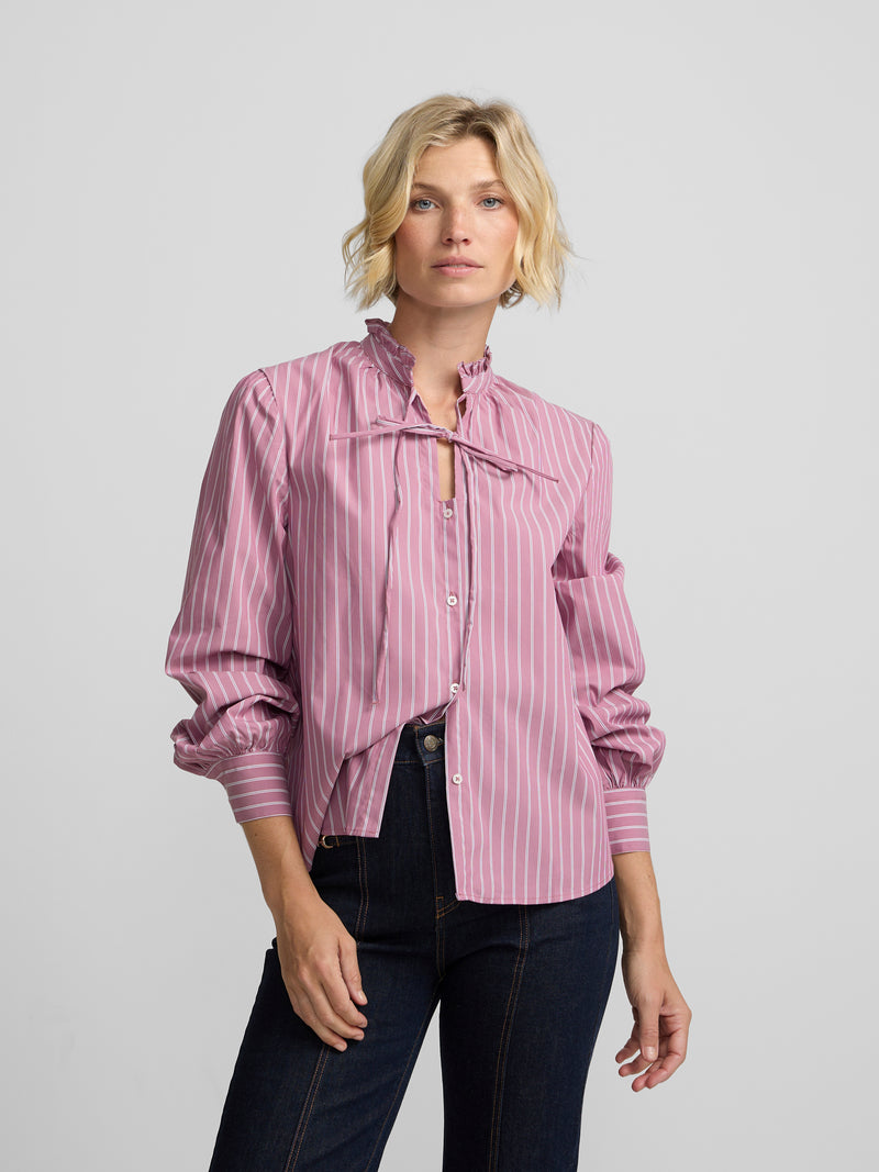 High-neck shirt with pink striped bows