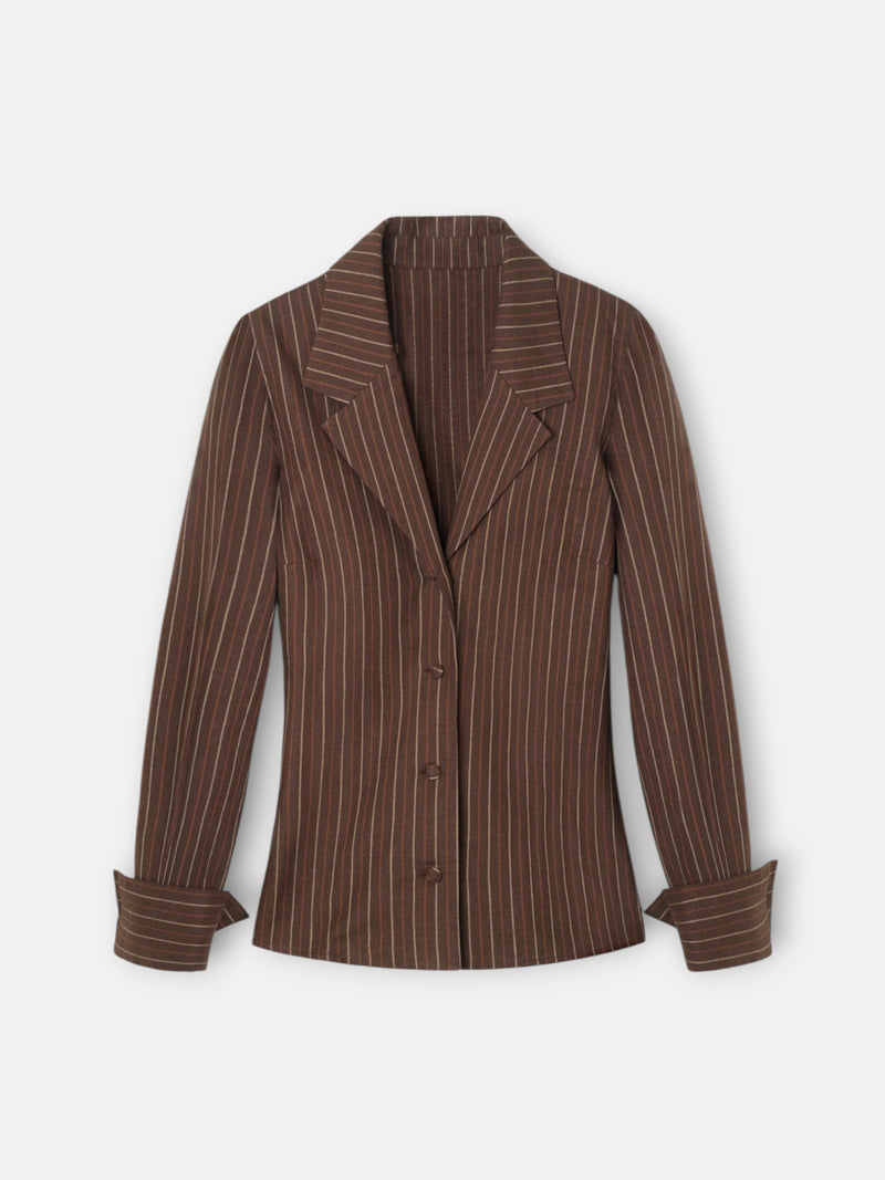 Blouse à col à revers rayée marron