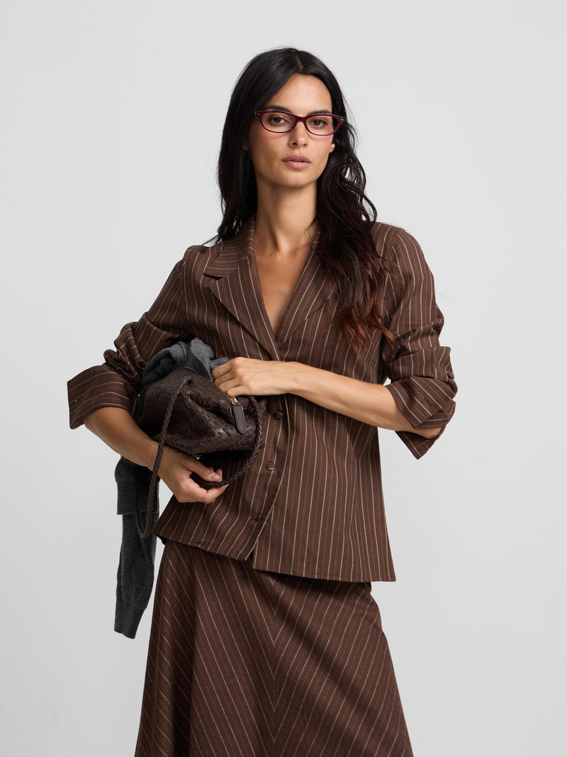 Blouse à col à revers rayée marron