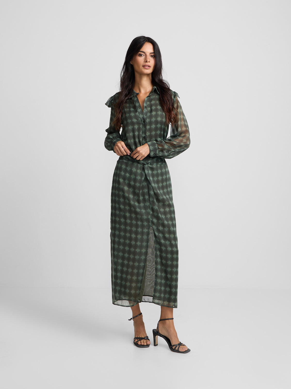 Falda midi nudo estampado etnico verde