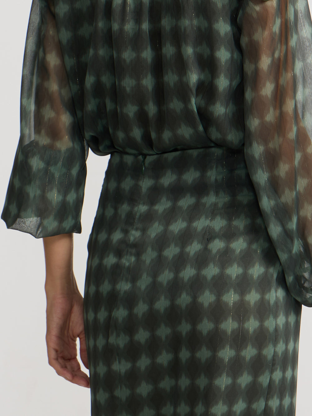 Midi skirt with green ethnic print knot