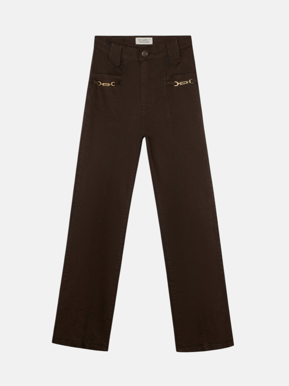 Pantalon denim recto detalle hebillas marron