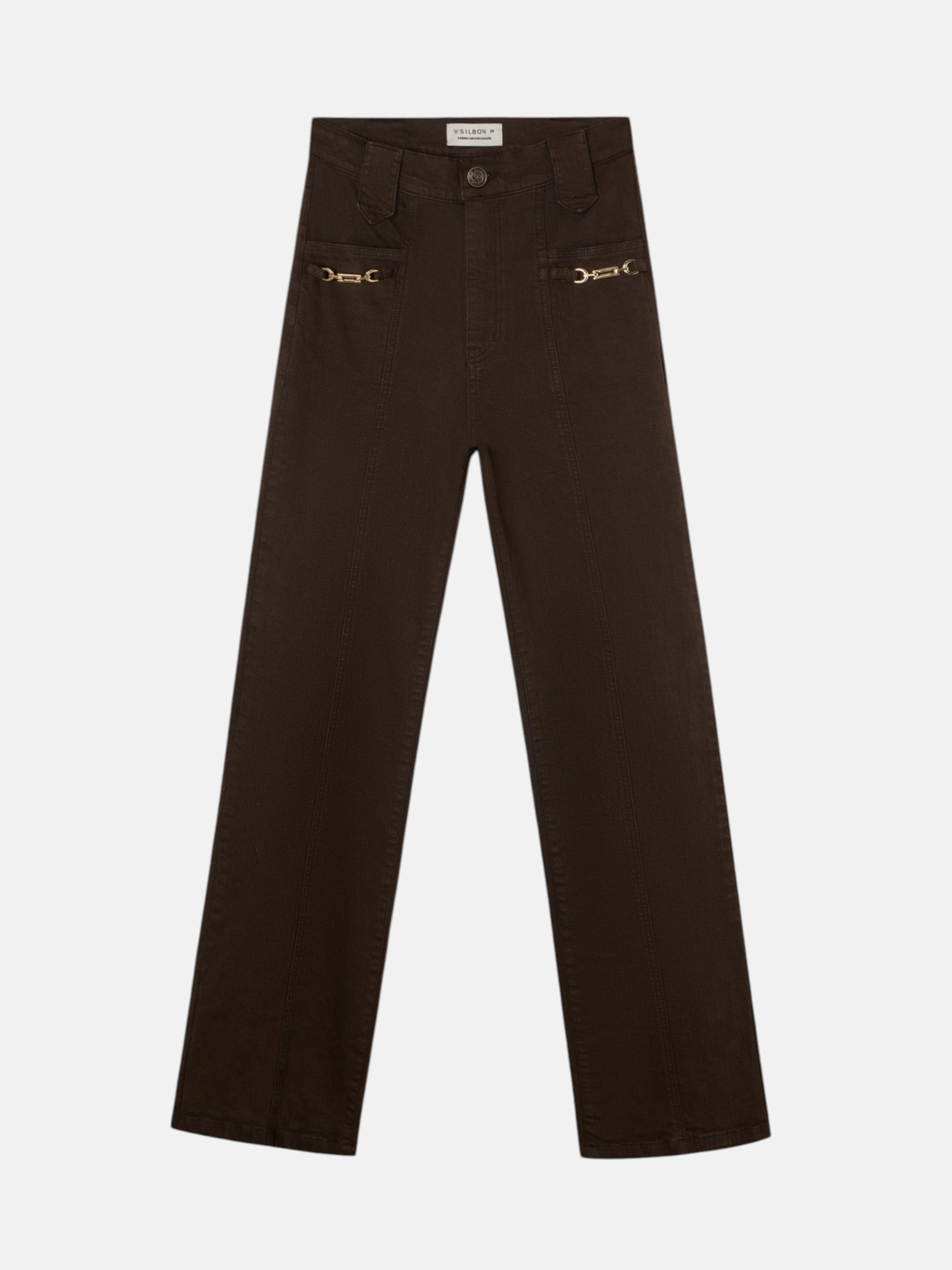 Pantalon denim recto detalle hebillas marron
