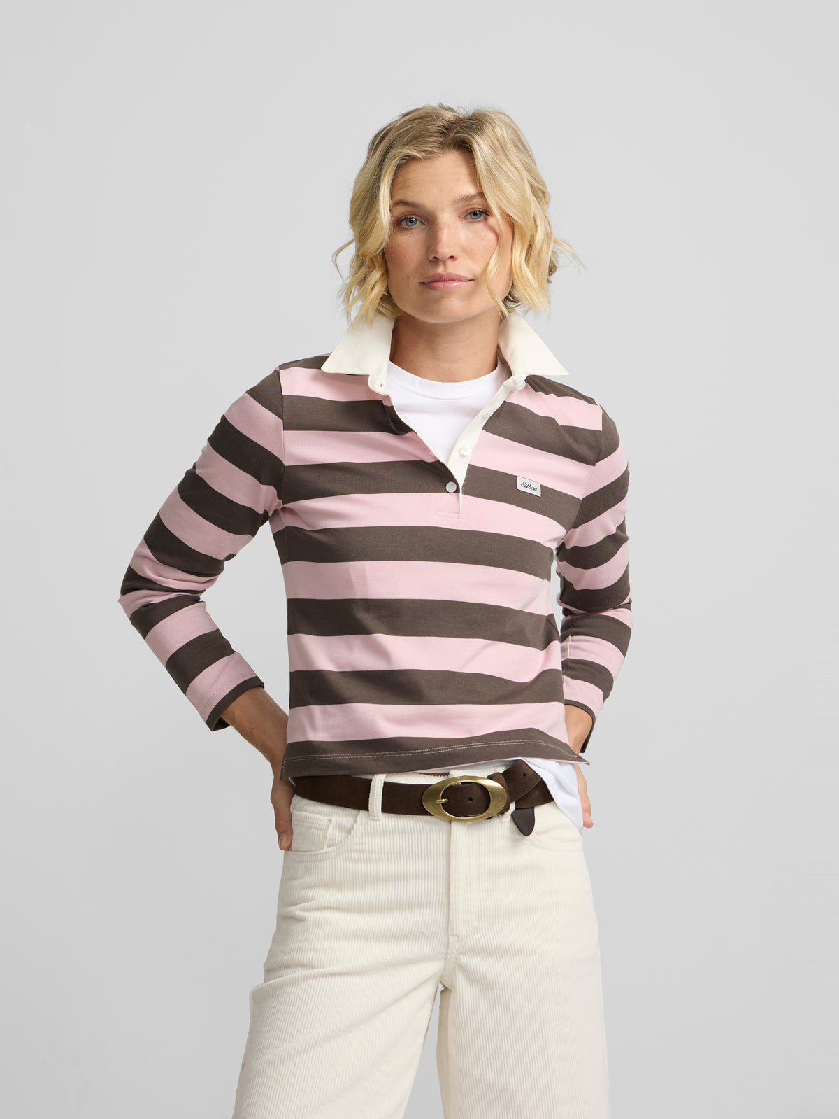 Polo femme à manches longues rayé rose et marron