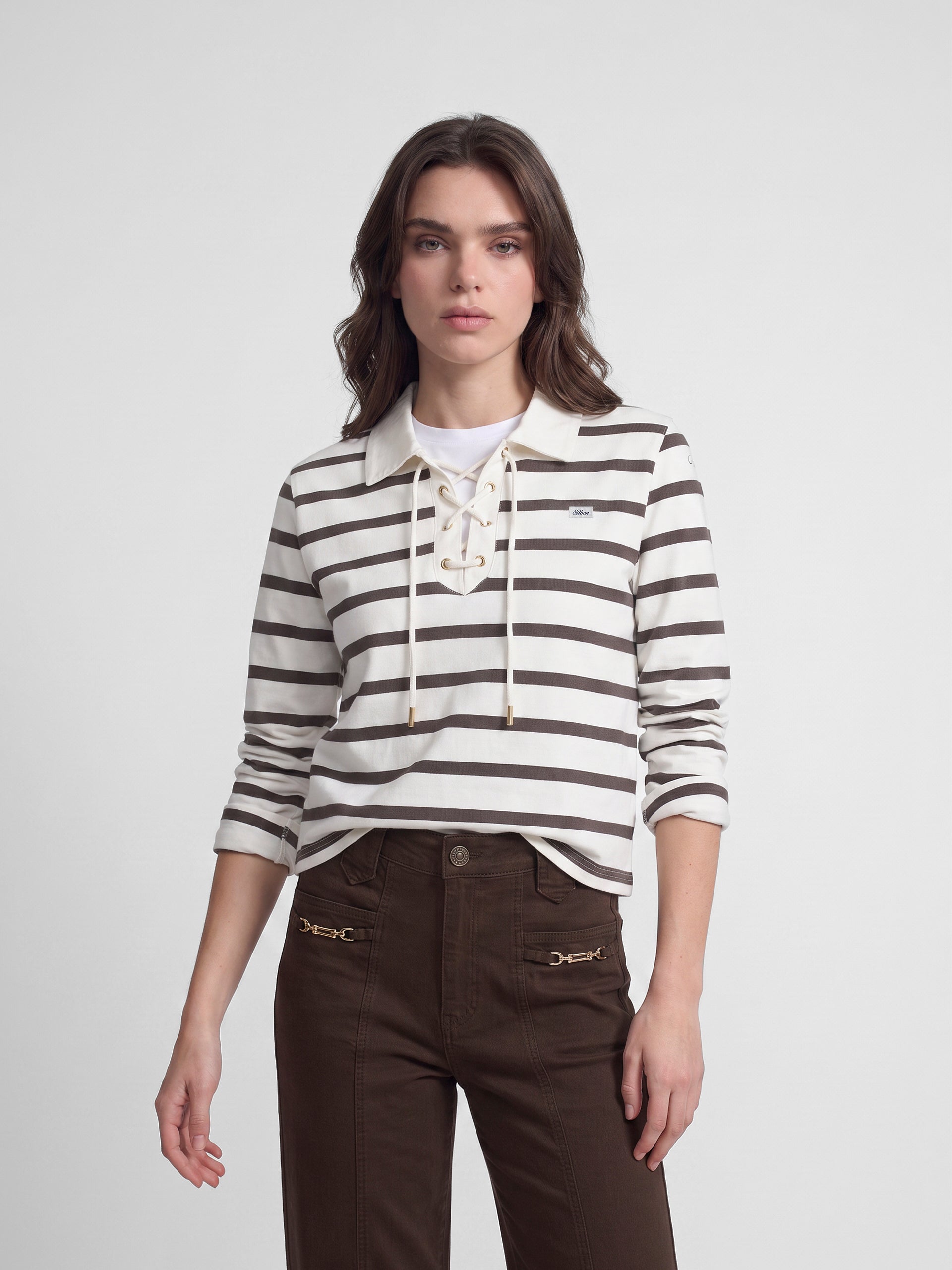 Polo woman manga larga rayas crudo