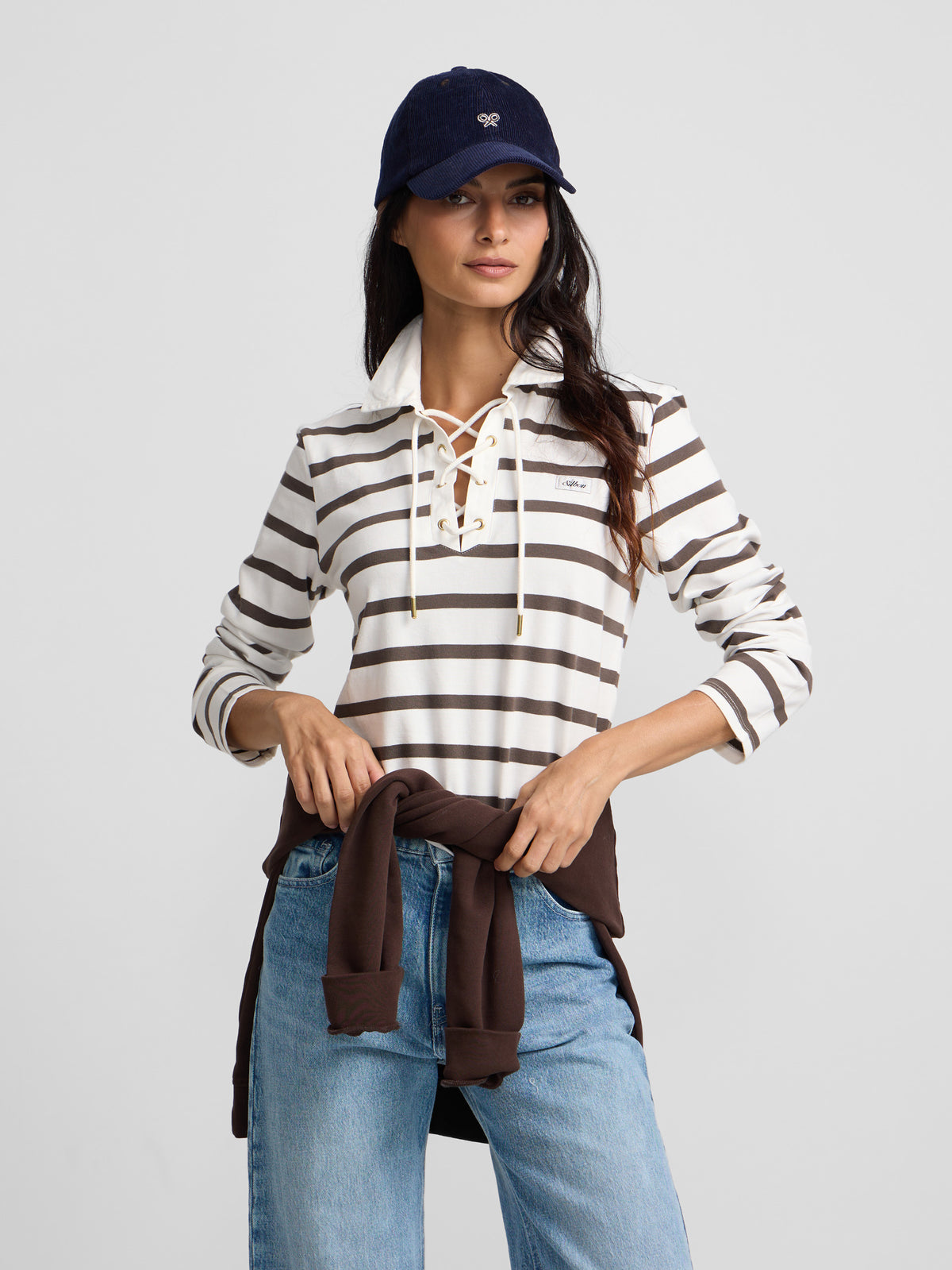 Polo femme manches longues rayé écru