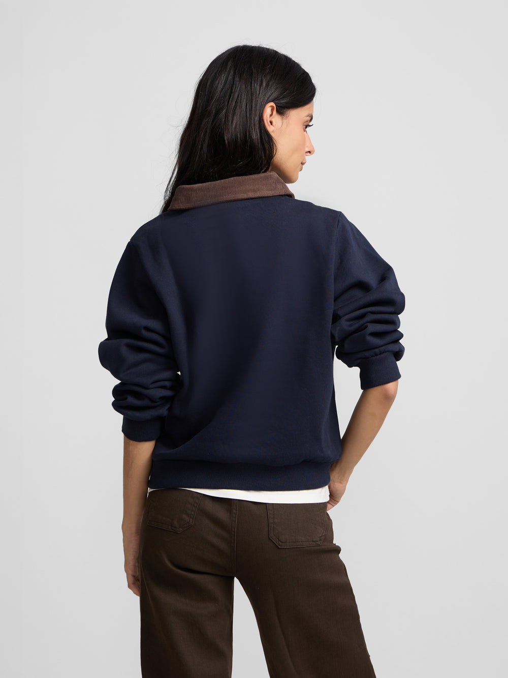 Women's sweatshirt with corduroy polo collar in navy blue