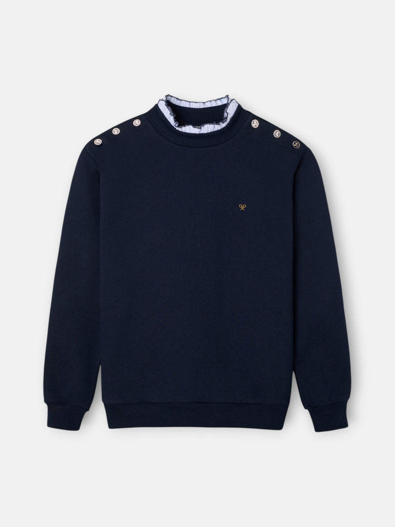 Women's sweatshirt with ruffled collar and buttons in navy blue