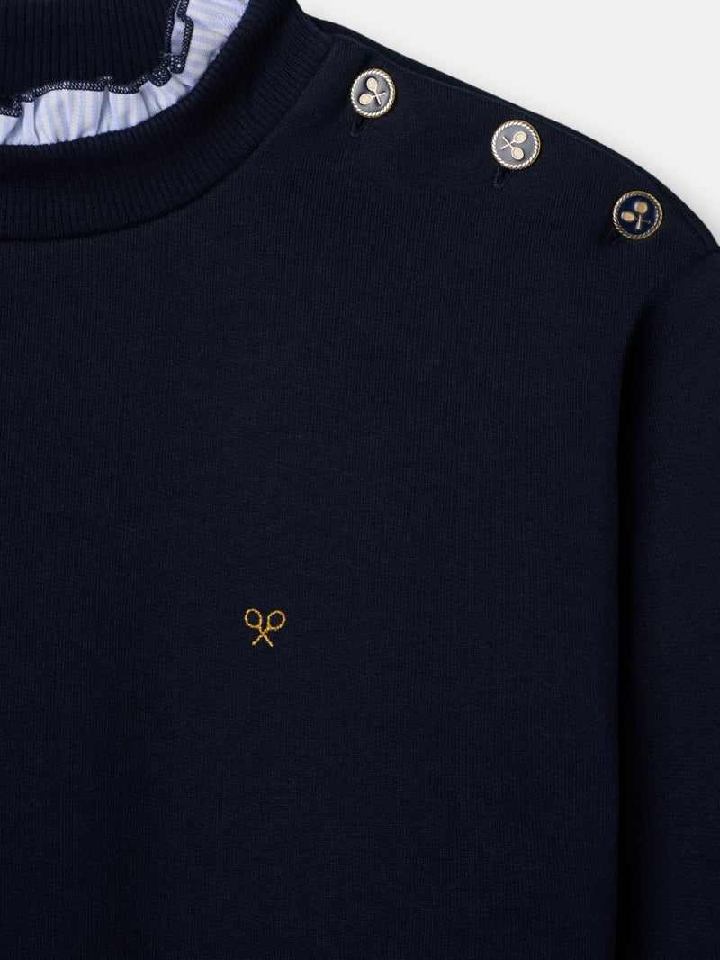 Women's sweatshirt with ruffled collar and buttons in navy blue
