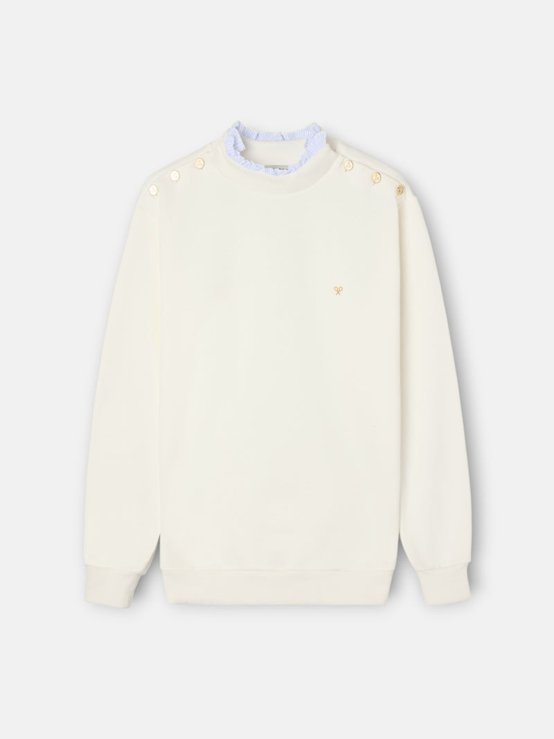 Women's sweatshirt with ruffled collar and buttons in off-white