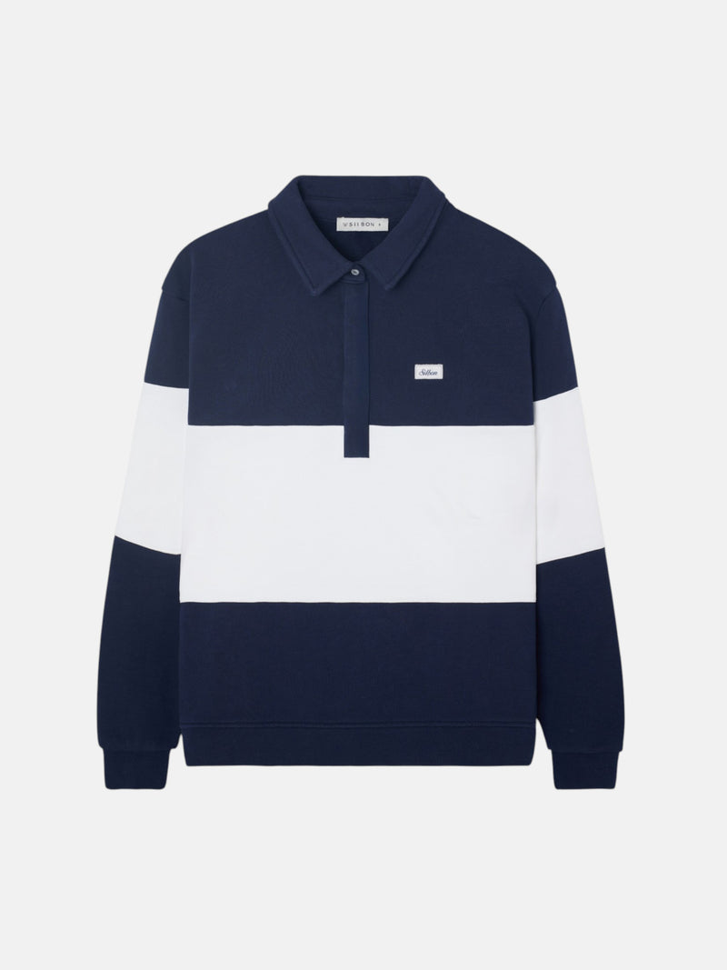 Women's sweatshirt with navy blue striped polo collar