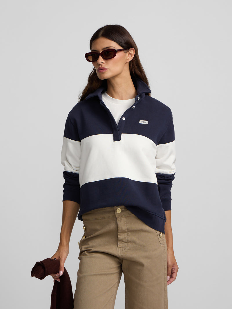 Women's sweatshirt with navy blue striped polo collar