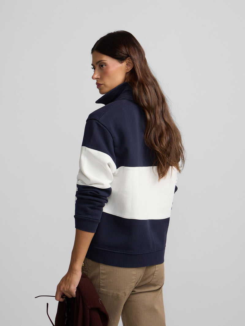 Women's sweatshirt with navy blue striped polo collar